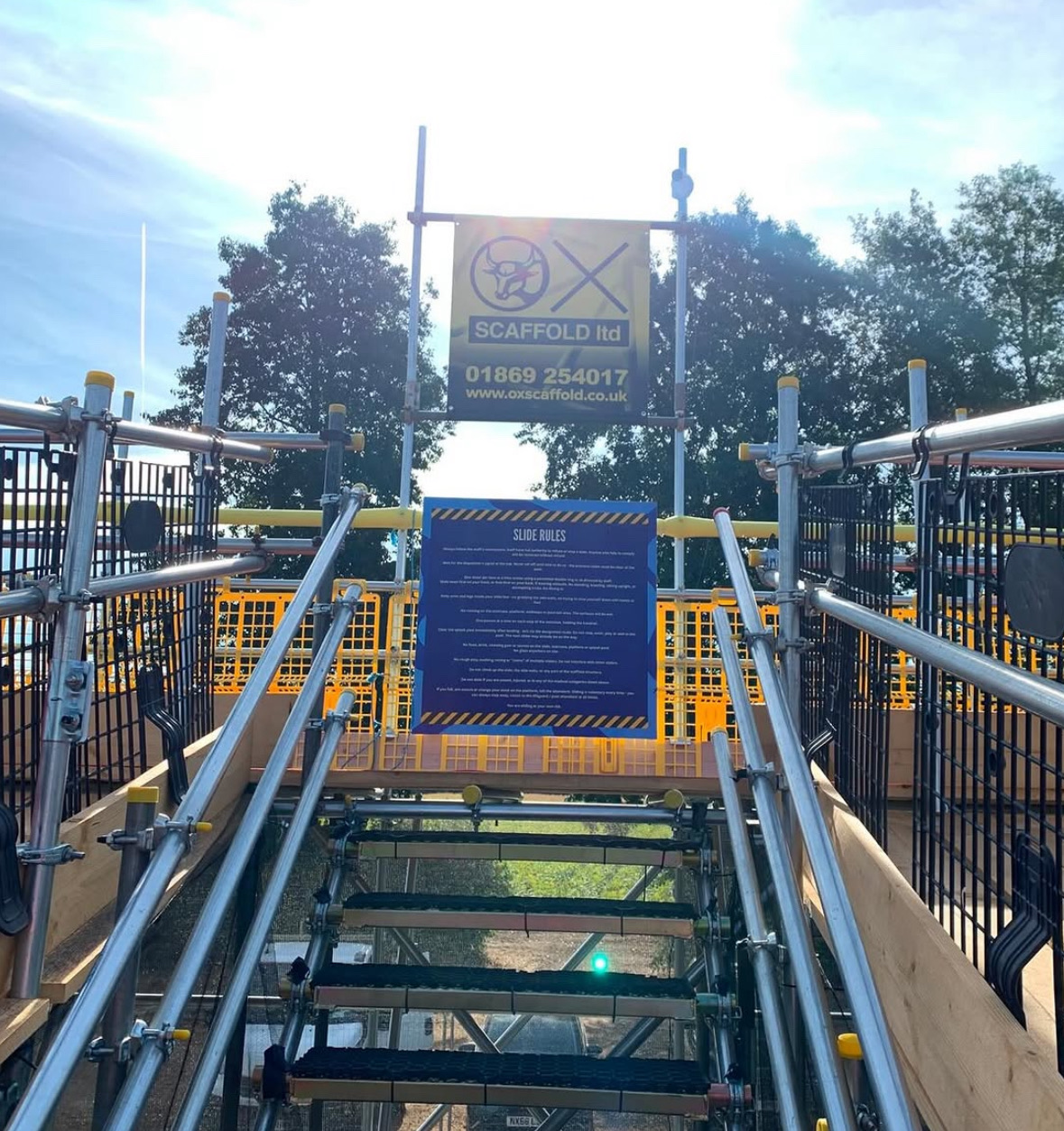 Ox Scaffold stair tower and slide rules board at the top of the Slip n Slide, Millets Farm
